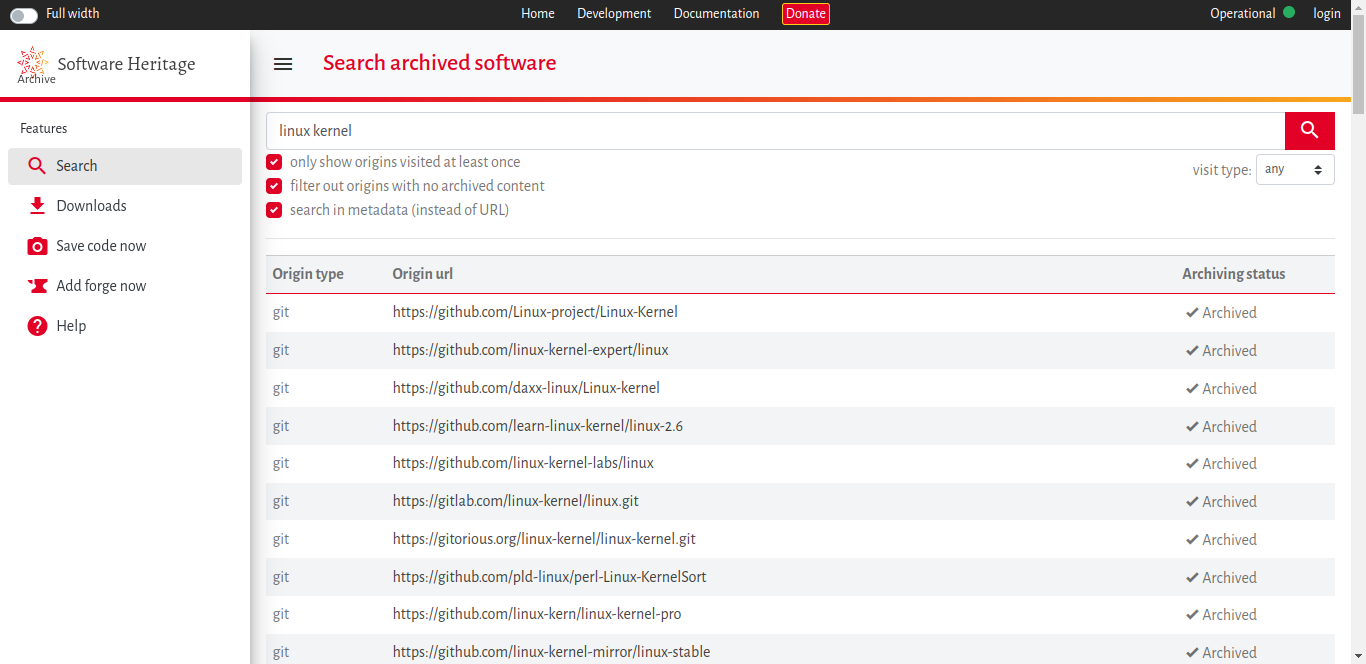 The search result from the query "linux kernel" including its metadata in the Software Heritage archive website